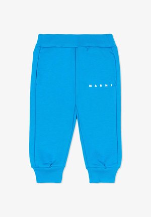 Niebieskie spodnie dresowe wykonane z miękkiego materiału, z elastycznym pasem, dwoma bocznymi kieszeniami i białym nadrukiem „MARNI” na lewej nogawce.