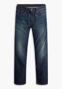 Mörkblå denimjeans med rak bendesign, med en lätt blekning, kopparfästen, fem fickor och orange sömnadsdetaljer.