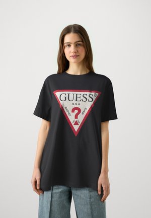 Guess SHINY TRIANGLE TEE - Camiseta estampada - jet black
