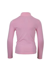 Roze langarmshirt met een polokraag, gemaakt van gladde stof. Heeft platte naden en een getailleerd ontwerp. Achteraanzicht weergegeven.