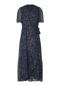 Vestito blu navy con scollatura a V, maniche corte a svolazzare e orlo arricciato. Presenta punti metallici e un dettaglio con nodo laterale per accentuare.