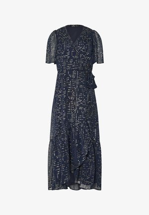 Marineblå kjole med v-hals, korte flæseærmer og en volangnederdel. Har metalliske prikker og et sidelukning for accent.