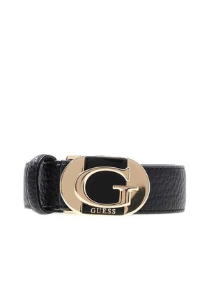 Cintura in pelle nera con texture, con grande fibbia ovale dorata con la lettera "G" e incisione "GUESS".
