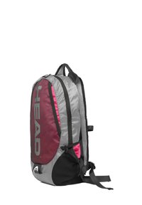Rugzak met een zilver en bordeaux ontwerp met mesh accenten, gevoerde banden en een prominent logo. Gemaakt van duurzaam materiaal.