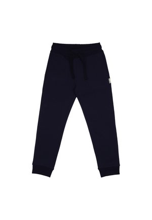 Navy blue jogger pants with elastic waistband, black drawstring, and cuffs, laid flat on white background.