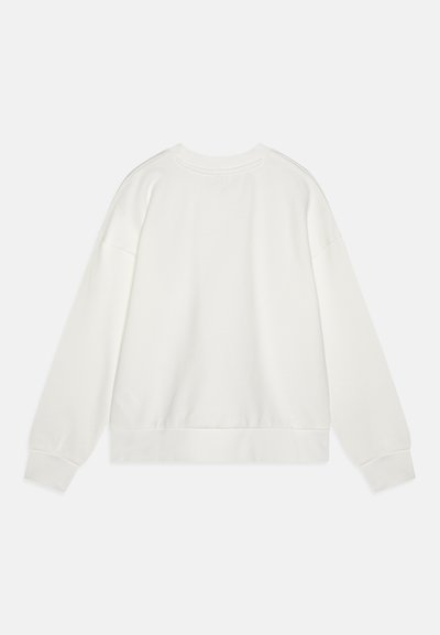 Hvit genser med rund hals, myk stoff, avslappet passform, ribbede mansjetter og hem, sømløst skulderdesign, minimalistisk stil.