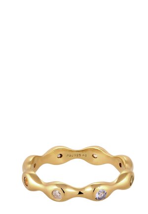 Bague bande ondulée en or avec des pierres précieuses rondes et claires uniformément espacées, gravée "JGJ 925 Ag" à l'intérieur.