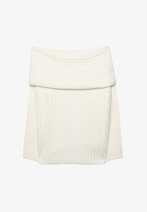 Kremasta suknja od rebrastog pletiva s velikim preklopnim pojasom, karakterizirana mekanom teksturom i laganom rastezljivošću za udobnost.