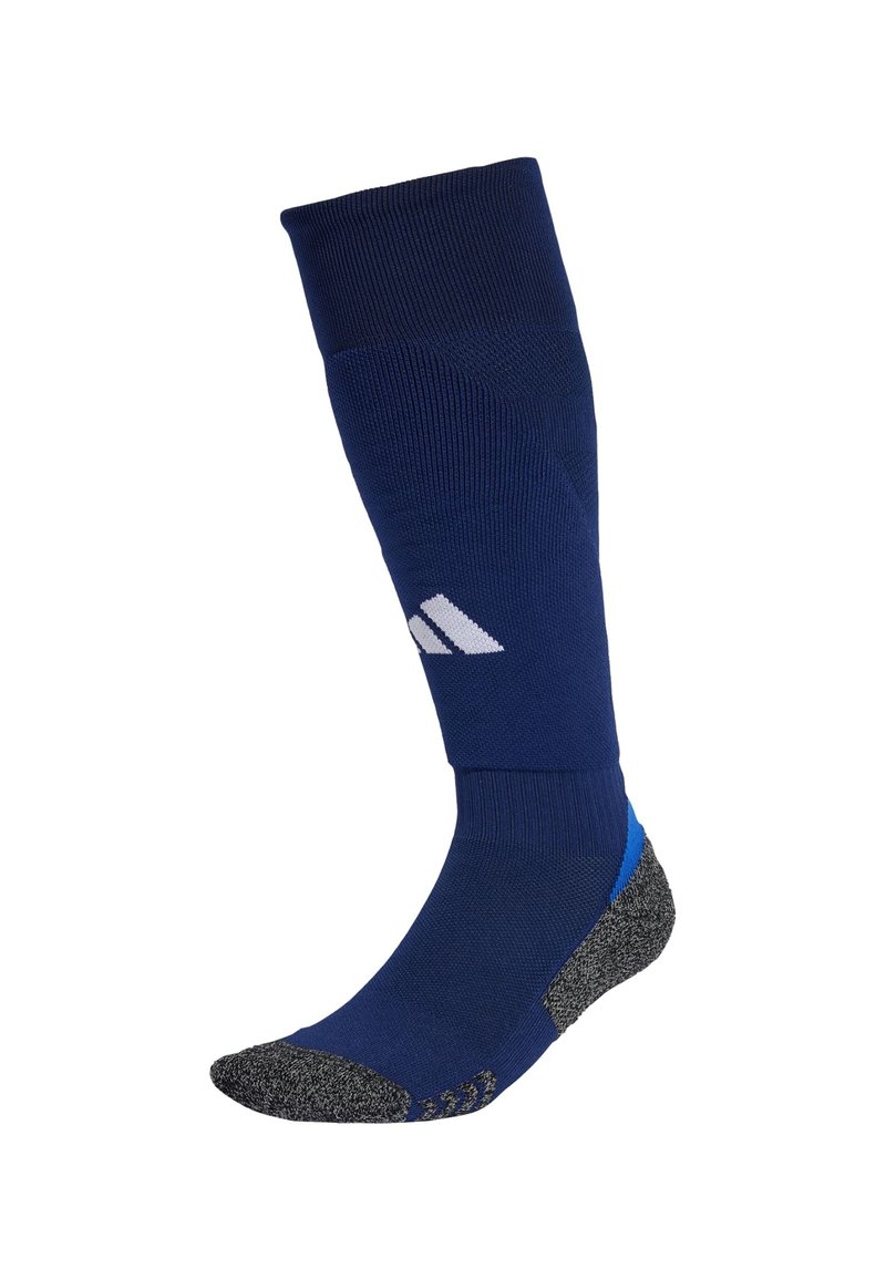 Calcetín deportivo azul marino con textura acanalada, logo blanco, talón reforzado y puntera gris moteada para mayor durabilidad.