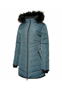 Tee-farbene Pufferjacke mit Reißverschluss, Kunstfellbesatz an der Kapuze und gerippten Bündchen. Verfügt über vertikale Steppnähte und zwei seitliche Taschen.