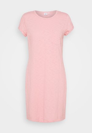 Soft pink short-sleeve knee-length dress with round neckline and small chest pocket, displayed against a plain light gray background.