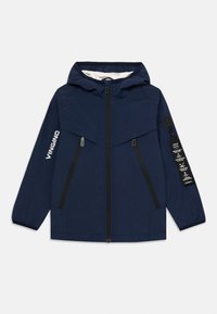 Veste marine avec capuche, dotée de zips et de poches noires. Logo "VINGINO" imprimé sur la manche. Fabriquée en tissu léger et lisse.