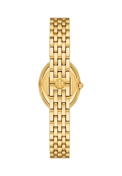 Bracelet à maillons dorés avec boîtier de montre rond, lunette lisse et couronne sur le côté droit, avec une fermeture à boucle de marque.