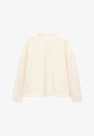 Kremasti dukserica od mekog materijala, s округлим izrezom, spuštenim ramenima i rebrastim rukavima. Bez uzoraka ili značajnih detalja.