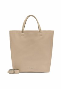 Bolso tote de cuero beige con dos asas cortas, correa larga desmontable y el logo "LIEBESKIND BERLIN" en la parte frontal.