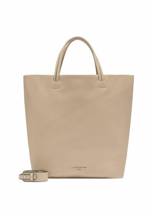 Beige Leder-Shopper mit zwei kurzen Griffen, abnehmbarem langen Riemen und dem Logo "LIEBESKIND BERLIN" auf der Vorderseite.