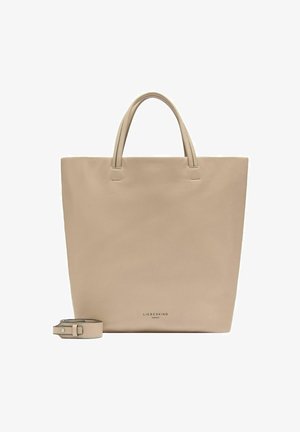 Sac fourre-tout en cuir beige avec deux poignées courtes, une bandoulière longue amovible et le logo "LIEBESKIND BERLIN" sur le devant.