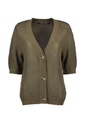 Oliwkowo-zielony dziany kardigan z dekoltem w serek, krótkimi rękawami i zapięciem na pięć guzików, z teksturowanym, ażurowym wzorem.