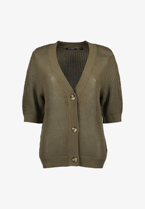 Oliwkowo-zielony dziany kardigan z dekoltem w serek, krótkimi rękawami i zapięciem na pięć guzików, z teksturowanym, ażurowym wzorem.