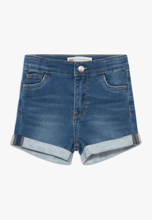 Jeansshorts mit einer dunkelblauen Waschung, umgeschlagenen Säumen in Hellblau, zwei Vordertaschen und einem Knopfverschluss am Bund.