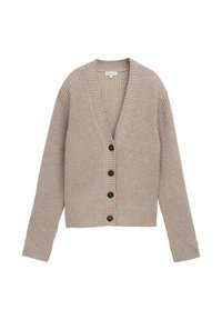 Beige knit cardigan with long sleeves, V-neck, ribbed cuffs and hem, and four black buttons down the front.