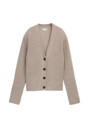 Beige Strickjacke mit langen Ärmeln, V-Ausschnitt, gerippten Bündchen und Saum sowie vier schwarzen Knöpfen auf der Vorderseite.