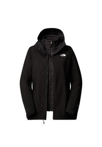 Veste isolante noire The North Face avec capuche et fermeture éclair frontale, arborant le logo sur la poitrine et des poignets ajustables.