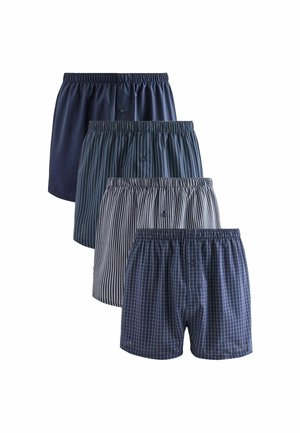 Vier Paare Boxershorts mit elastischen Bündchen. Die Farben umfassen einfarbig navy, gestreift in navy und teal sowie kariert in navy und weiß.