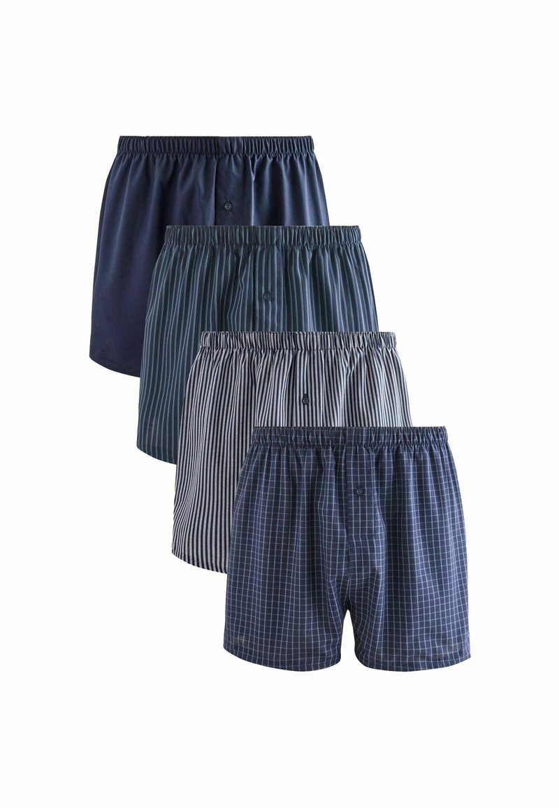 Vier Paare Boxershorts mit elastischen Bündchen. Die Farben umfassen einfarbig navy, gestreift in navy und teal sowie kariert in navy und weiß.