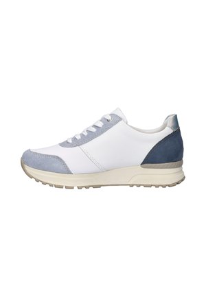 White sneaker with light blue suede accents, beige sole, and lace-up closure shown from the outer side against a white background.