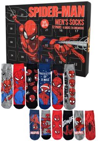 Set di calze da uomo Spider-Man, taglia 40-45, include 12 paia. Presenta vari colori: grigio, rosso, blu, con grafiche e design di Spider-Man.