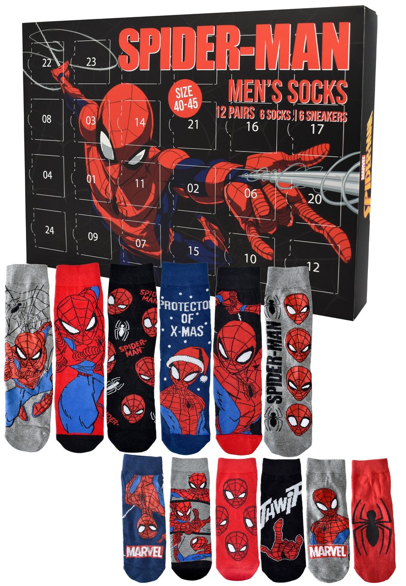 Set di calze da uomo Spider-Man, taglia 40-45, include 12 paia. Presenta vari colori: grigio, rosso, blu, con grafiche e design di Spider-Man.