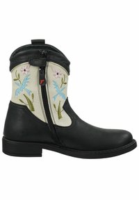 Bottes en cuir noir à la cheville avec une tige beige brodée présentant des motifs floraux et de feuilles, fermeture éclair latérale et un petit talon block.
