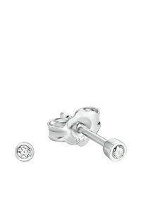 Srebrne kolczyki wkręty z przezroczystymi akcentami kamieni, z okrągłym wzorem i teksturowanym tyłem zapewniającym pewne mocowanie.