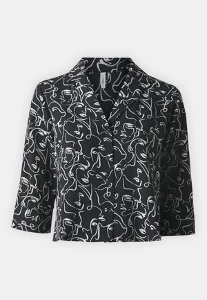 Must musta särk valgete abstraktsete näo mustritega, 3/4 varrukatega ja kraega, millel on tekstuuriga kangas.