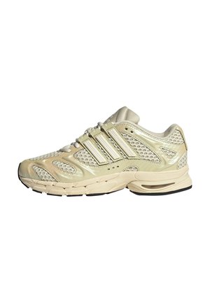 Beige and cream running shoe with mesh panels, three side stripes, cushioned sole, and laces, shown from the outer side.