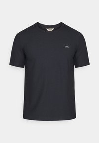Schwarzes T-Shirt mit kurzen Ärmeln aus glattem Baumwollstoff. Verfügt über einen Rundhalsausschnitt und ein kleines Logo, das auf der Brust aufgedruckt ist.