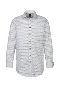 Camicia bianca con bottoni, decorata con un piccolo motivo geometrico blu, maniche lunghe e polsini grigi a contrasto. Presenta un colletto classico e una tasca frontale.