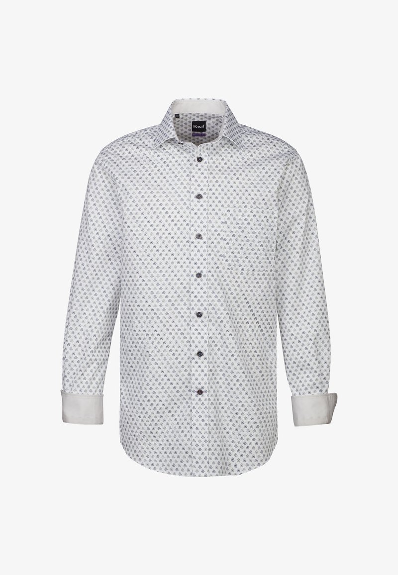Camicia bianca con bottoni, decorata con un piccolo motivo geometrico blu, maniche lunghe e polsini grigi a contrasto. Presenta un colletto classico e una tasca frontale.