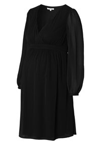 Schwarzes Schwangerschaftskleid mit Wickeldesign, langen Puffärmel und gerafftem Taillenbereich. Hergestellt aus leichtem, durchscheinendem Stoff.