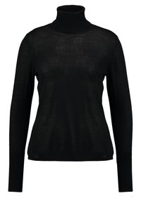 Schwarzer Rollkragenpullover mit langen Ärmeln, aus einem leichten, strukturierten Stoff gefertigt. Verfügt über ein tailliertes Design und subtile Rippdetails an den Bündchen.