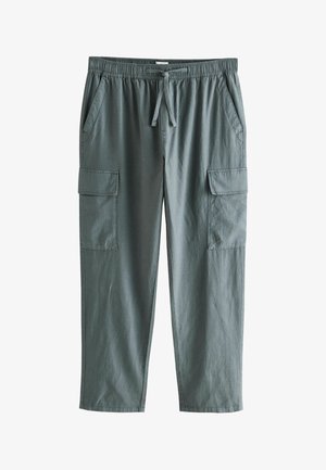 Light gray cargo pants made from fabric with a textured finish, featuring an elastic waistband, drawstring, and two side pockets.