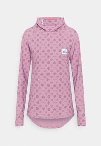 Pitkähihaine paita vaaleanpunaisena, jossa on kaula-aukko. Paidassa on toistuva kuvio lehdistä, lumihiutaleista ja ympyröistä. Sisältää pienen logopatchin.