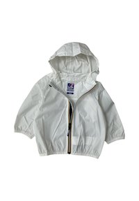 Giacca leggera bianca con cappuccio, maniche corte, zip frontale e polsini elastici. Presenta una striscia colorata lungo la zip.