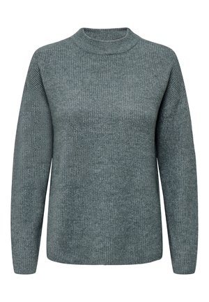Gebreide trui in zacht, gedempt teal. Beschikt over een hoge hals, lange mouwen en een geribbelde textuur voor warmte en comfort.