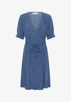 Sinine lilleline mähkmekleit lühikeste puffvarrukatega, sidumisvööde ja V-kaelusega; valmistatud kergest kangast, millel on pehme tekstuur.