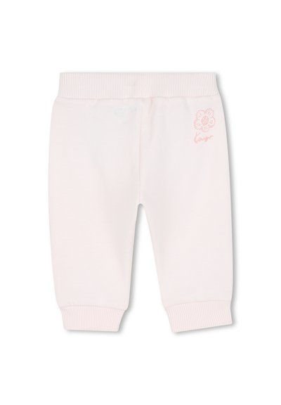 Pantalons de jogging en coton rose clair avec des poignets et une taille côtelés. Présente un design de fleurs brodé et le nom de la marque à l'avant.