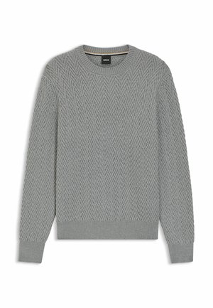 Gray knitted sweater with a chevron pattern, round neckline, and ribbed cuffs and hem. Tag visible at the collar.