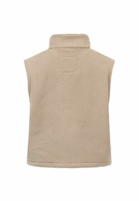 Beige Fleece-Weste mit hohem Kragen, ohne Ärmel, weicher Textur und quadratischem Patches Detail auf der Rückseite; entworfen für Wärme und Komfort.
