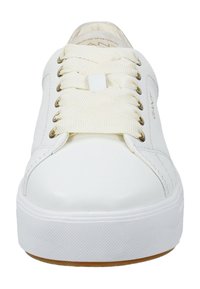 Baskets en cuir blanc avec bout rond, semelle en caoutchouc plate texturée et lacets en coton plats.Œillets dorés et logo de la marque sur le côté.